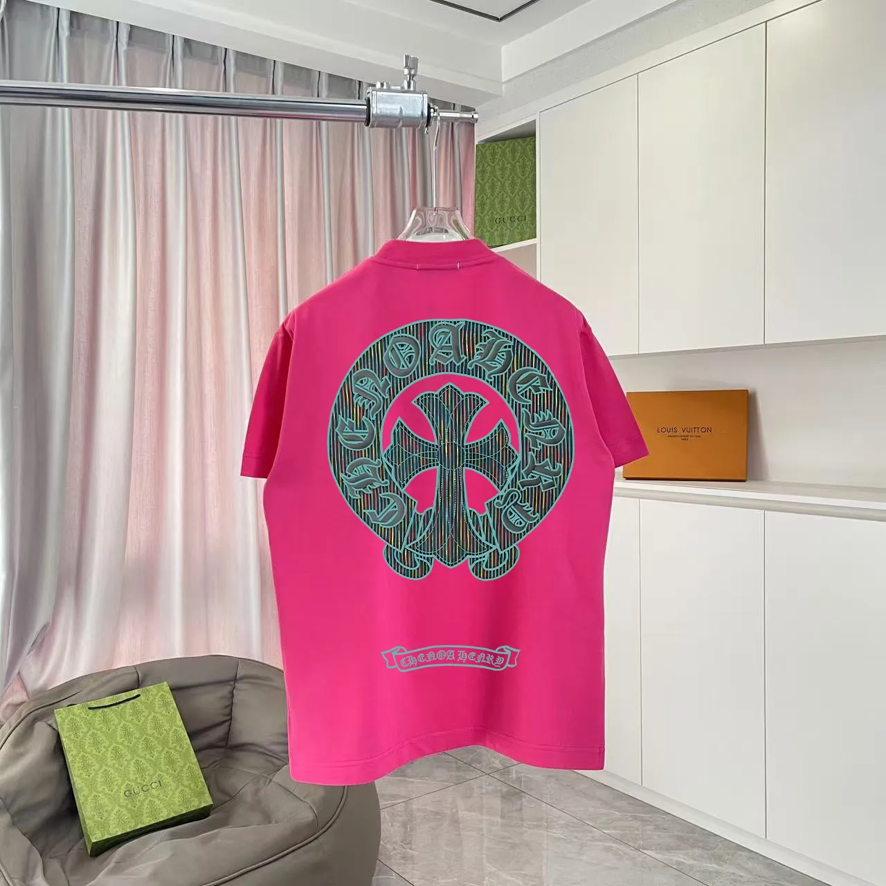 🅿️170 ch Crow*2025 summer new style Sanskrit cross horseshoe print short-sleeved T-shirt customized fabric 300g same style for men and women Size: S M L XL XXL five sizes Color: black white pink rose red iron gray